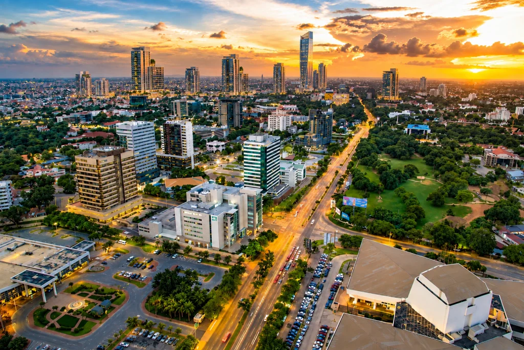 Conceptual city skyline at sunset