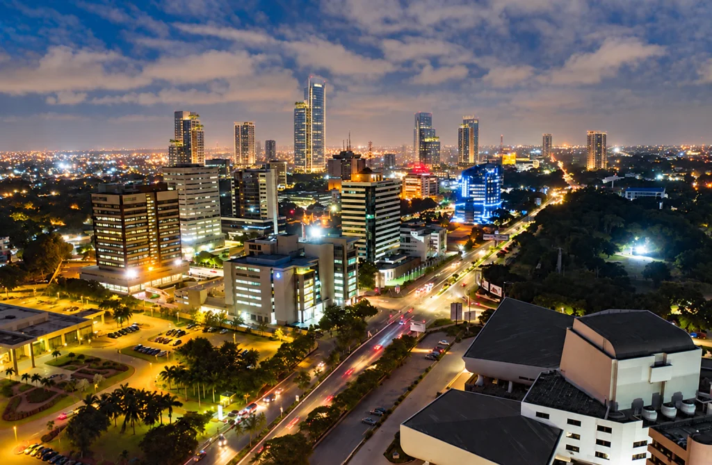 A modern city illuminated at night