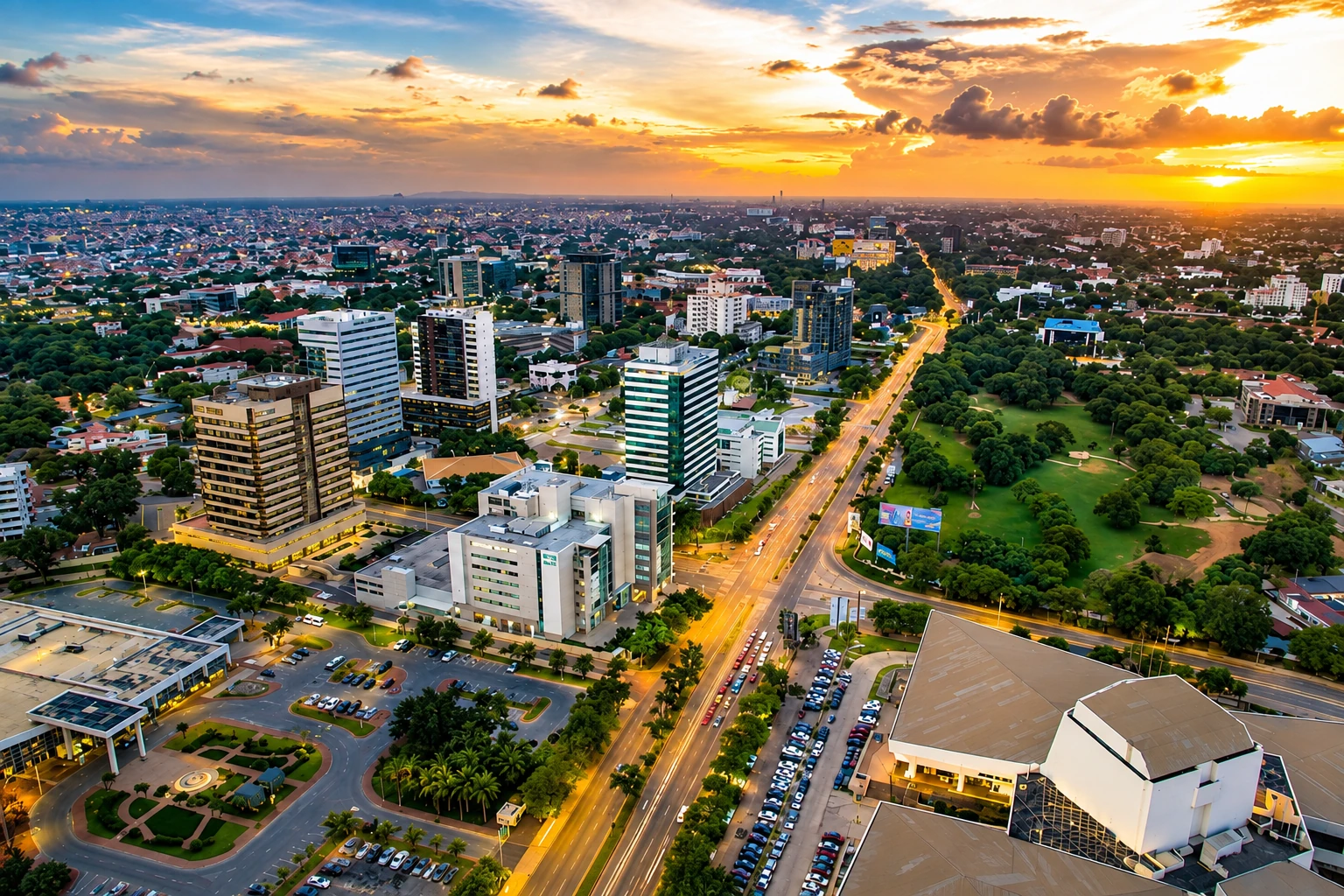 Illustrative aerial cityscape at sunset with roads, buildings and green spaces