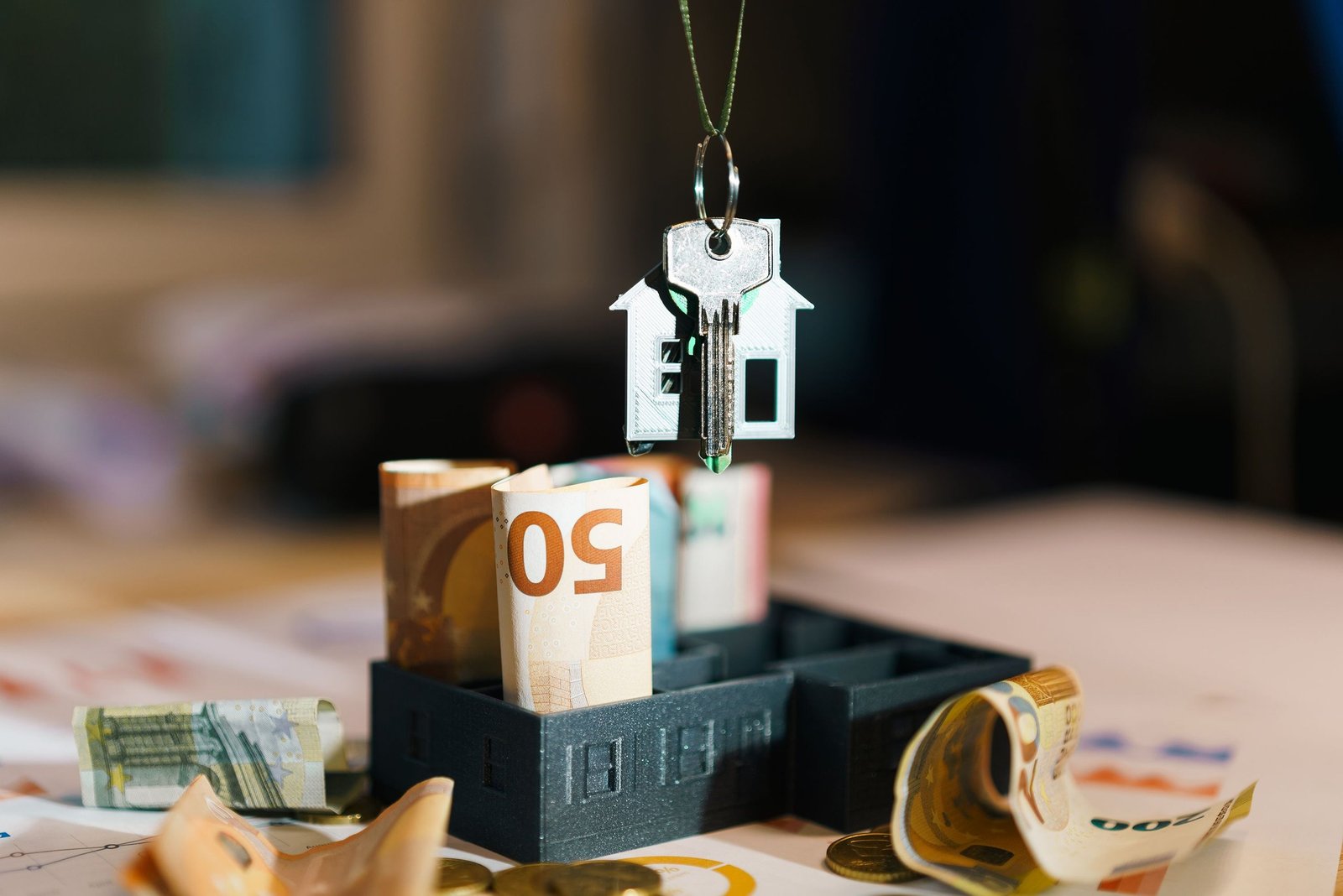 House key and model home displayed above rolled banknotes